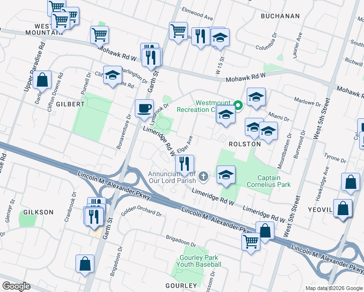map of restaurants, bars, coffee shops, grocery stores, and more near 97 Elgar Avenue in Hamilton