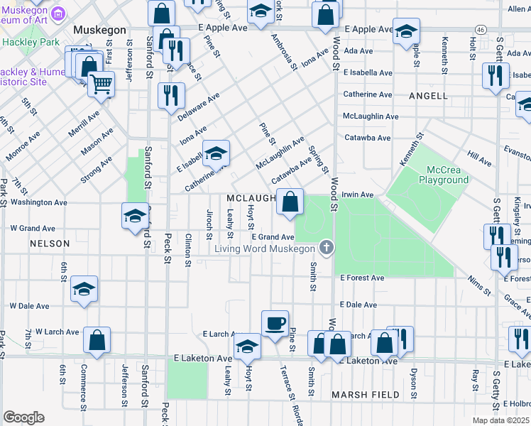 map of restaurants, bars, coffee shops, grocery stores, and more near 1478 Terrace Street in Muskegon