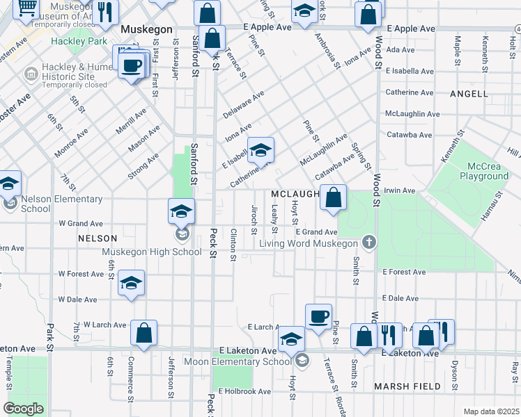 map of restaurants, bars, coffee shops, grocery stores, and more near 1477 Leahy Street in Muskegon