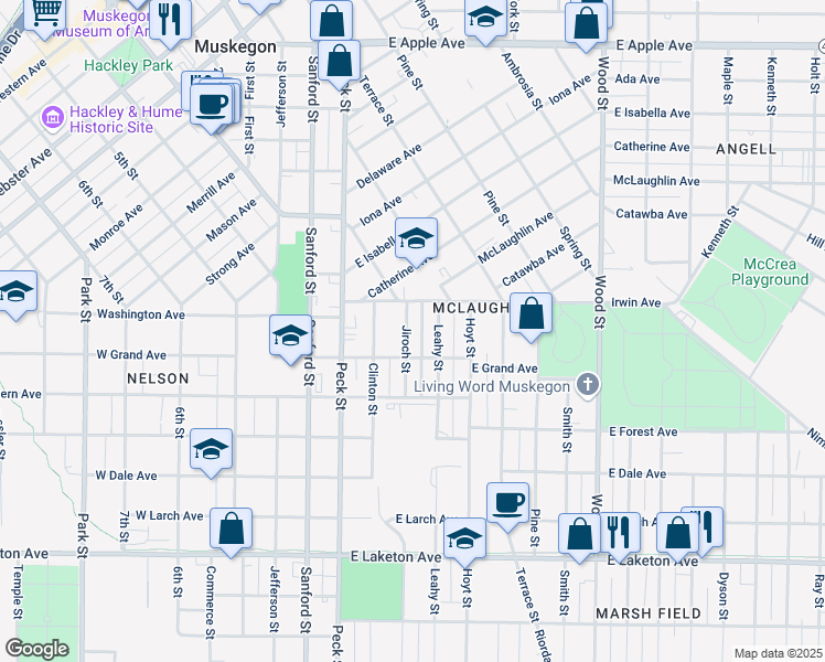 map of restaurants, bars, coffee shops, grocery stores, and more near 1448 Jiroch Street in Muskegon