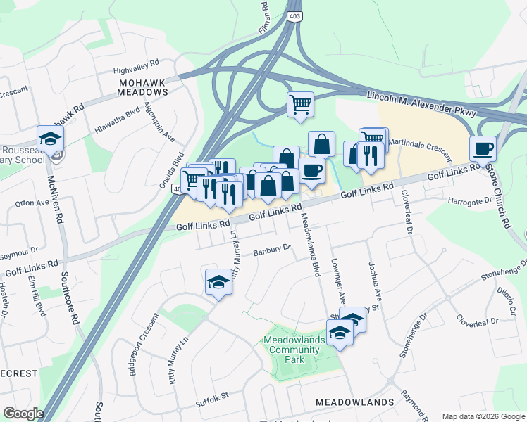 map of restaurants, bars, coffee shops, grocery stores, and more near 805 Golf Links Road in Hamilton