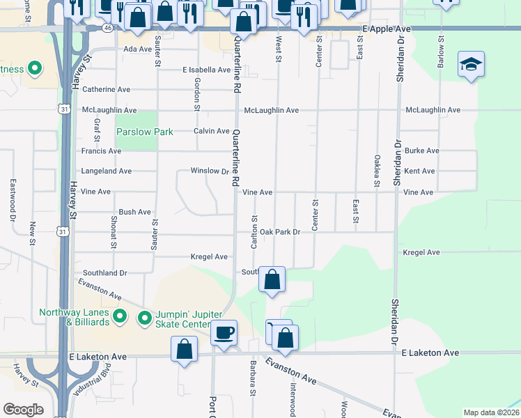 map of restaurants, bars, coffee shops, grocery stores, and more near 1474 Carlton Street in Muskegon