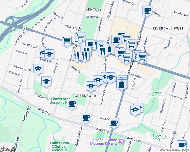 map of restaurants, bars, coffee shops, grocery stores, and more near 60 Champlain Avenue in Hamilton