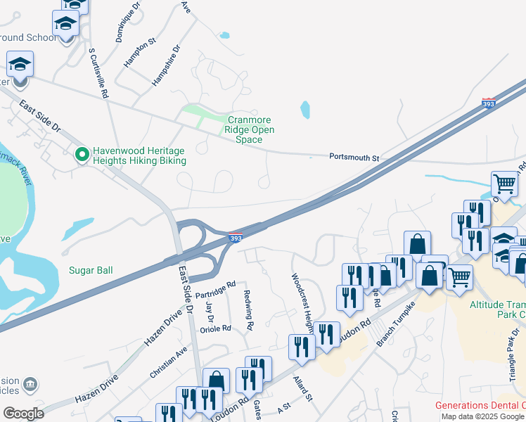 map of restaurants, bars, coffee shops, grocery stores, and more near 38 East Sugar Ball Road in Concord