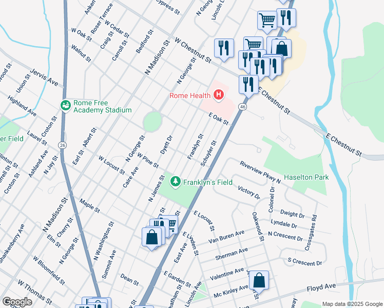 map of restaurants, bars, coffee shops, grocery stores, and more near 1314 Franklyn Street in Rome