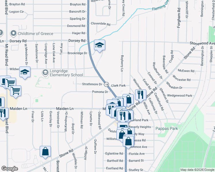 map of restaurants, bars, coffee shops, grocery stores, and more near 3123 Dewey Avenue in Rochester