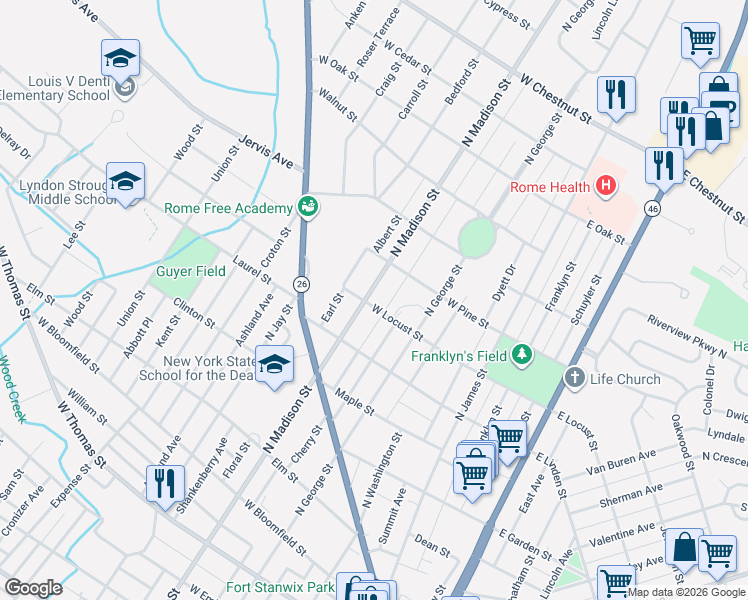 map of restaurants, bars, coffee shops, grocery stores, and more near 1006 North Madison Street in Rome