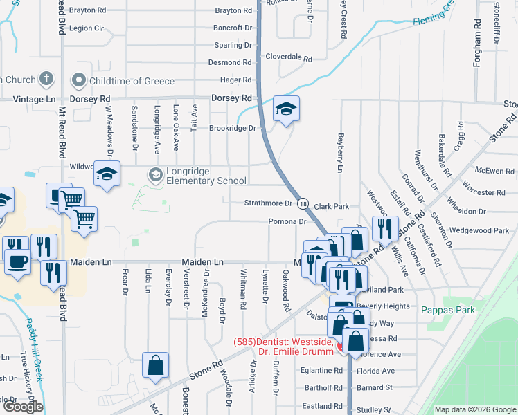 map of restaurants, bars, coffee shops, grocery stores, and more near 147 Pomona Drive in Rochester