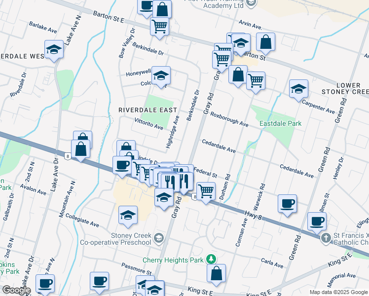 map of restaurants, bars, coffee shops, grocery stores, and more near 394 Berkindale Drive in Hamilton