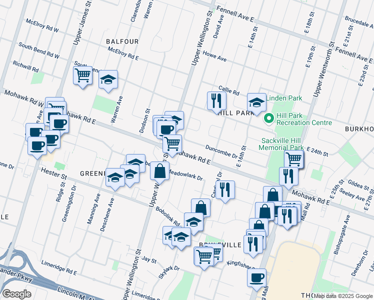 map of restaurants, bars, coffee shops, grocery stores, and more near 240 Mohawk Road East in Hamilton