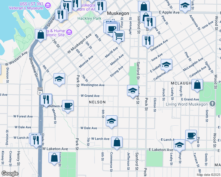 map of restaurants, bars, coffee shops, grocery stores, and more near 250 West Grand Avenue in Muskegon