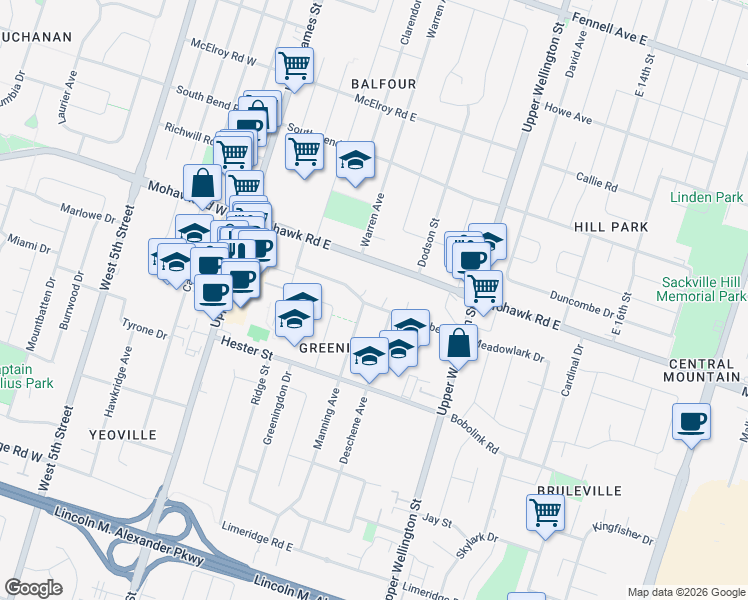map of restaurants, bars, coffee shops, grocery stores, and more near 105 Luscombe Street in Hamilton