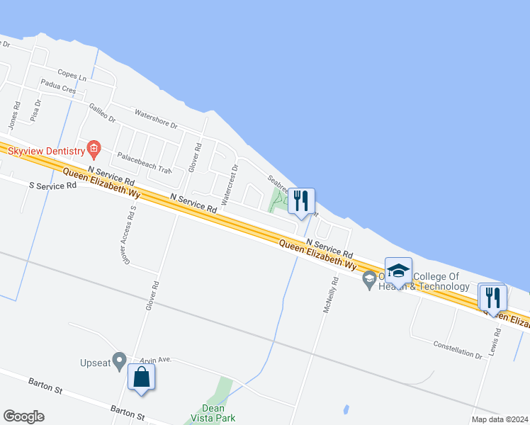 map of restaurants, bars, coffee shops, grocery stores, and more near Whitefish Crescent in Hamilton