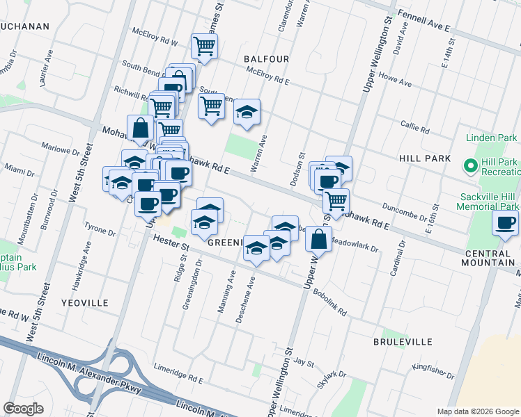 map of restaurants, bars, coffee shops, grocery stores, and more near in Hamilton
