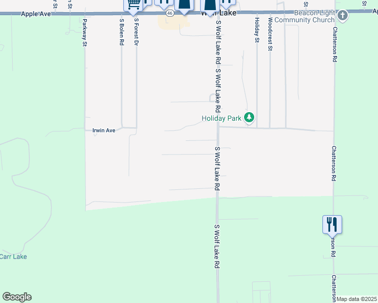 map of restaurants, bars, coffee shops, grocery stores, and more near 1361 South Wolf Lake Road in Muskegon