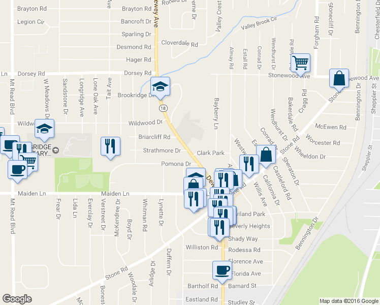 map of restaurants, bars, coffee shops, grocery stores, and more near 3131 Dewey Avenue in Rochester