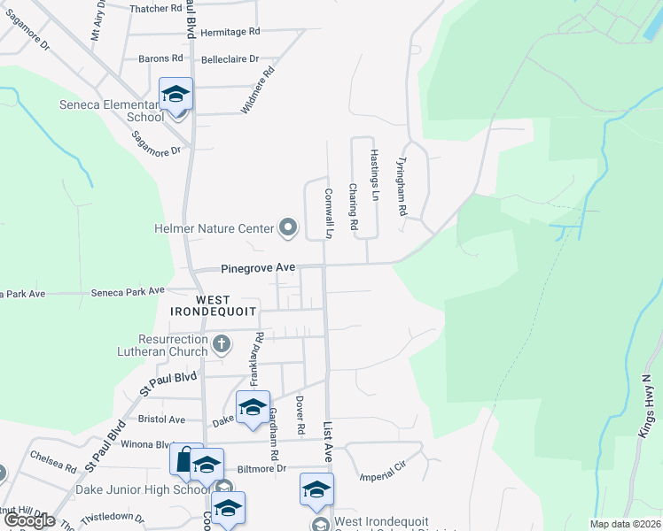 map of restaurants, bars, coffee shops, grocery stores, and more near 46 Cornwall Lane in Rochester
