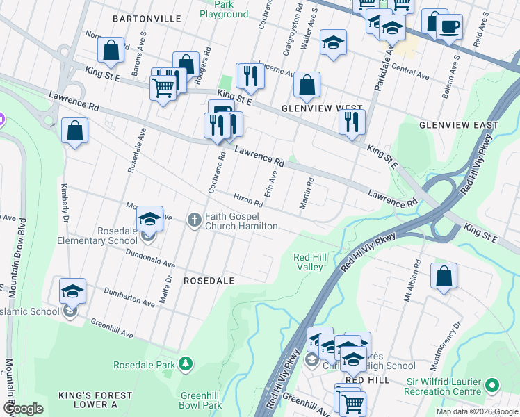 map of restaurants, bars, coffee shops, grocery stores, and more near 130 Erin Avenue in Hamilton