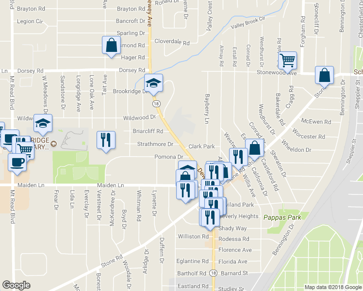 map of restaurants, bars, coffee shops, grocery stores, and more near 3135 Dewey Avenue in Rochester