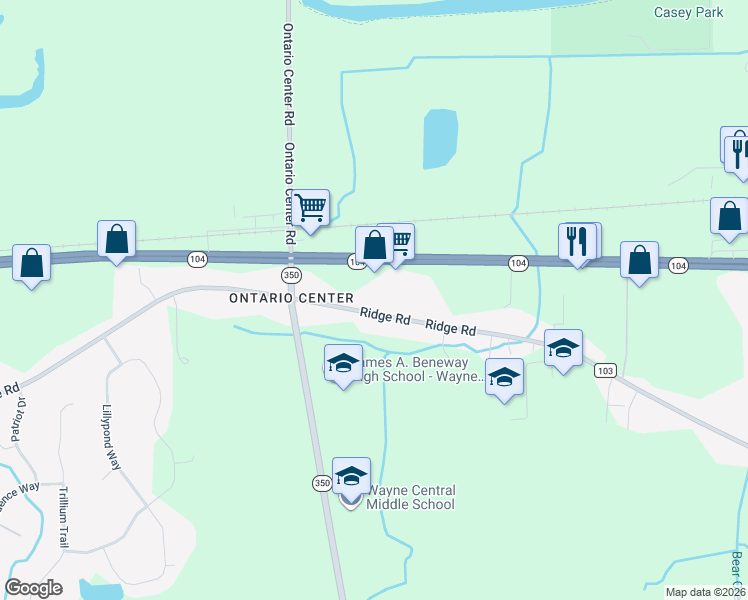 map of restaurants, bars, coffee shops, grocery stores, and more near 1640 New York 104 in Ontario