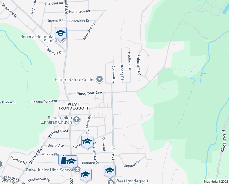 map of restaurants, bars, coffee shops, grocery stores, and more near 46 Cornwall Lane in Rochester