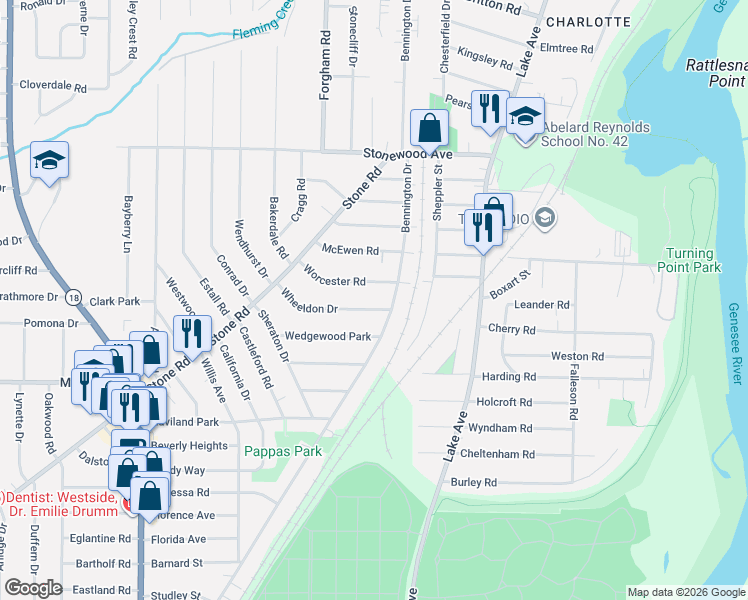 map of restaurants, bars, coffee shops, grocery stores, and more near 22 Worcester Road in Rochester