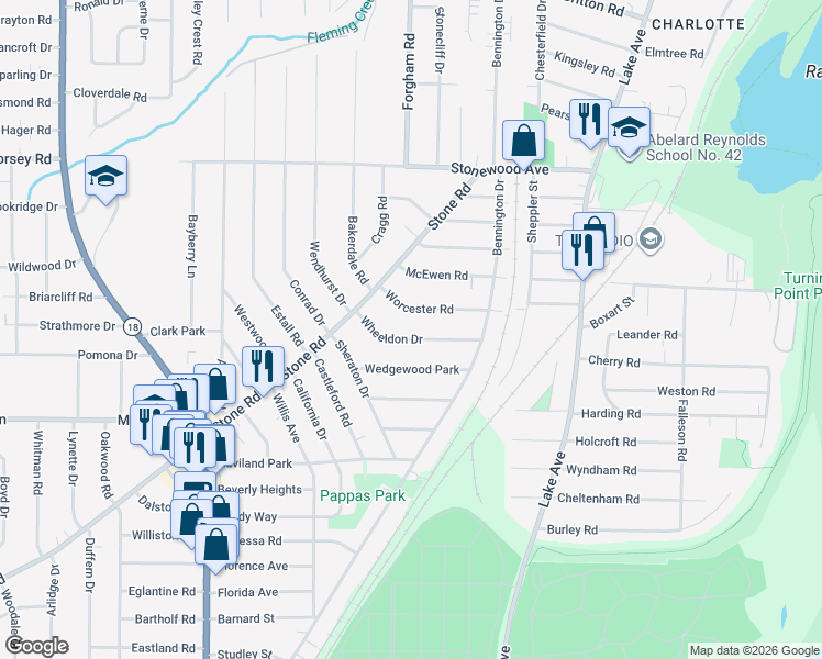 map of restaurants, bars, coffee shops, grocery stores, and more near 129 Worcester Road in Rochester