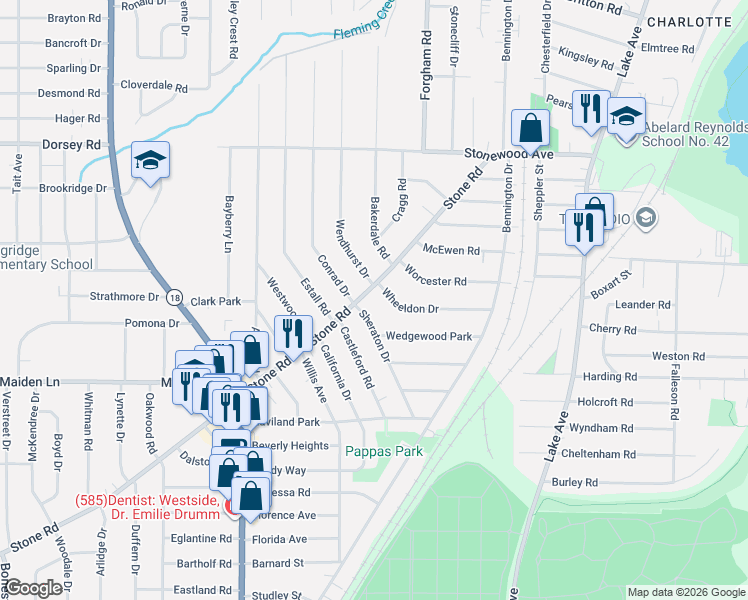 map of restaurants, bars, coffee shops, grocery stores, and more near 262 Stone Road in Rochester