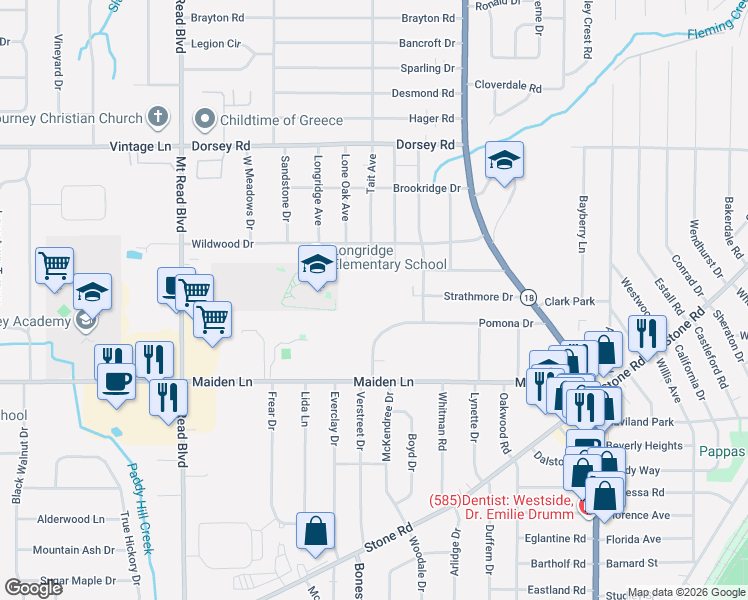 map of restaurants, bars, coffee shops, grocery stores, and more near 177 Tait Avenue in Rochester