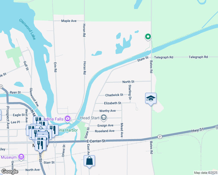 map of restaurants, bars, coffee shops, grocery stores, and more near 117 North Street in Medina