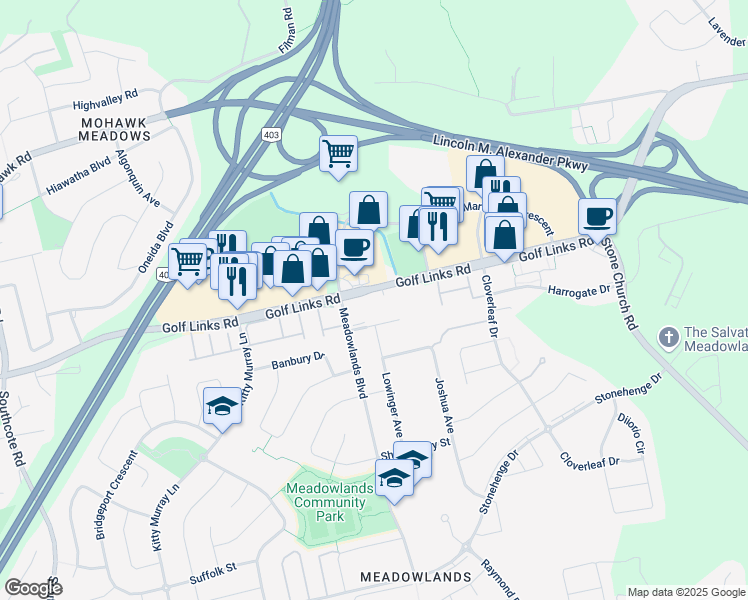 map of restaurants, bars, coffee shops, grocery stores, and more near 911 Golf Links Road in Hamilton