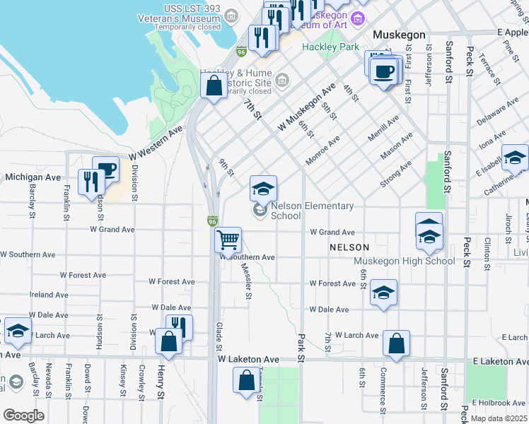 map of restaurants, bars, coffee shops, grocery stores, and more near 550 West Grand Avenue in Muskegon