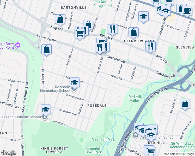map of restaurants, bars, coffee shops, grocery stores, and more near 460 Cochrane Road in Hamilton