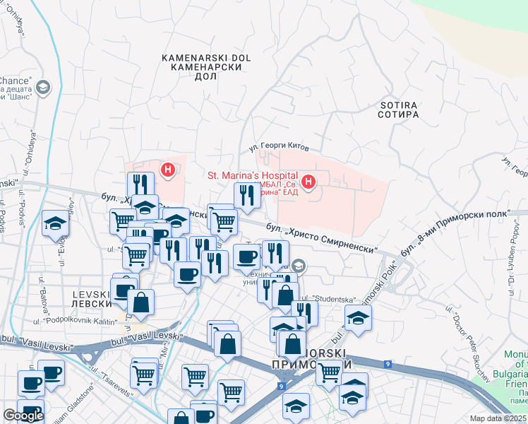 map of restaurants, bars, coffee shops, grocery stores, and more near 1B bulevard "Hristo Smirnenski" in Varna