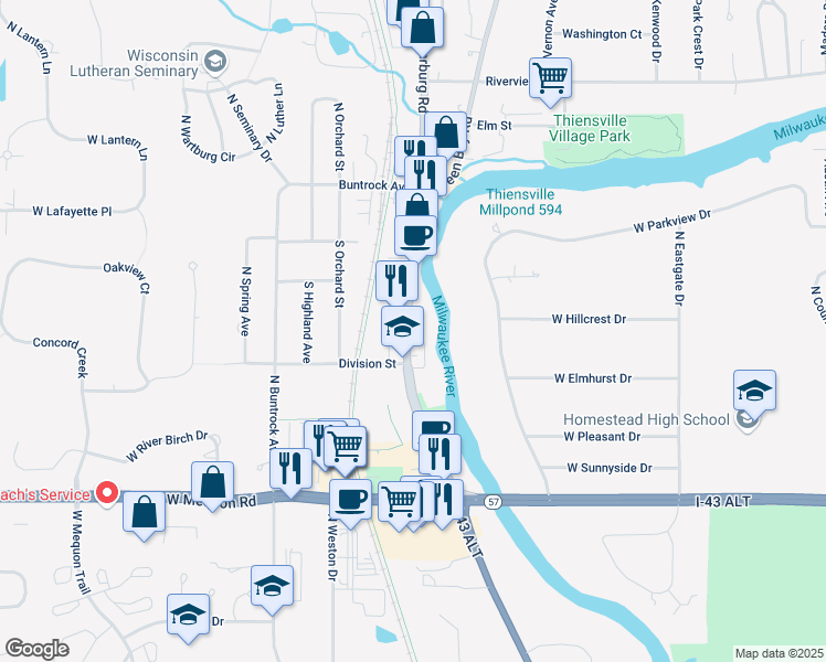 map of restaurants, bars, coffee shops, grocery stores, and more near 234 South Main Street in Thiensville