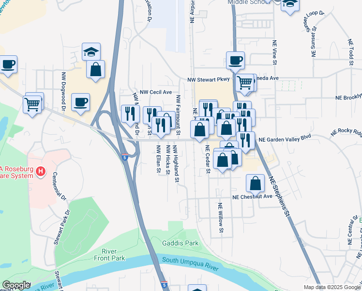 map of restaurants, bars, coffee shops, grocery stores, and more near 1421 Northwest Fairmount Street in Roseburg