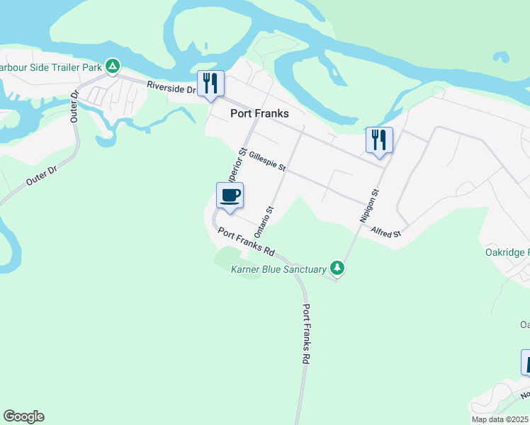 map of restaurants, bars, coffee shops, grocery stores, and more near 9927 Ontario Street in Lambton Shores