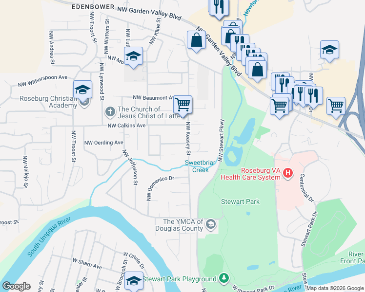 map of restaurants, bars, coffee shops, grocery stores, and more near 1471 Northwest Moritz Court in Roseburg