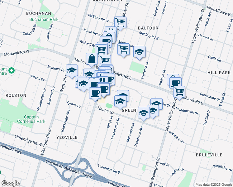 map of restaurants, bars, coffee shops, grocery stores, and more near 42 Luscombe Street in Hamilton
