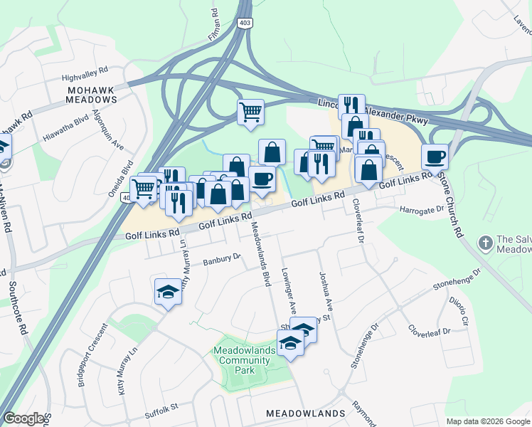 map of restaurants, bars, coffee shops, grocery stores, and more near 911 Golf Links Road in Hamilton