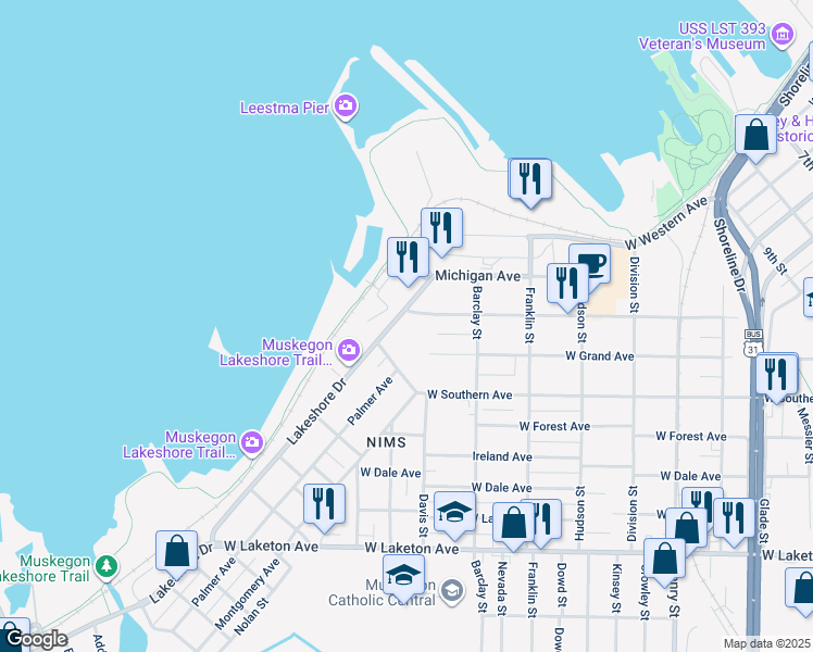 map of restaurants, bars, coffee shops, grocery stores, and more near 1249 Lakeshore Drive in Muskegon