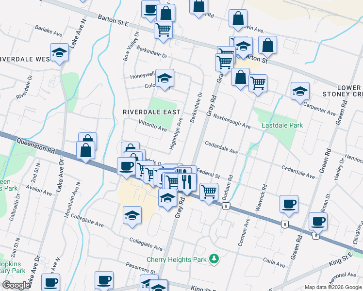 map of restaurants, bars, coffee shops, grocery stores, and more near 183 Highridge Avenue in Hamilton