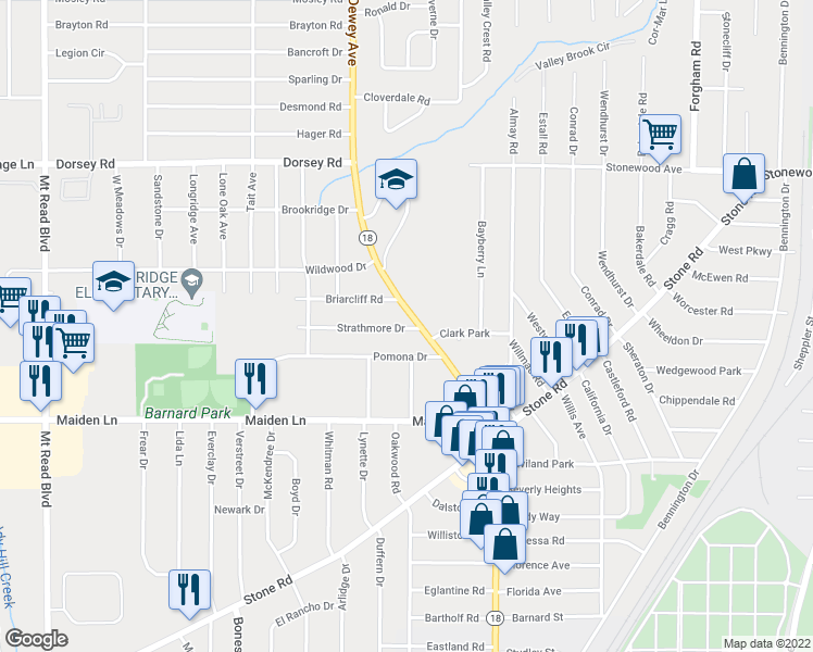 map of restaurants, bars, coffee shops, grocery stores, and more near 3129 Dewey Avenue in Rochester