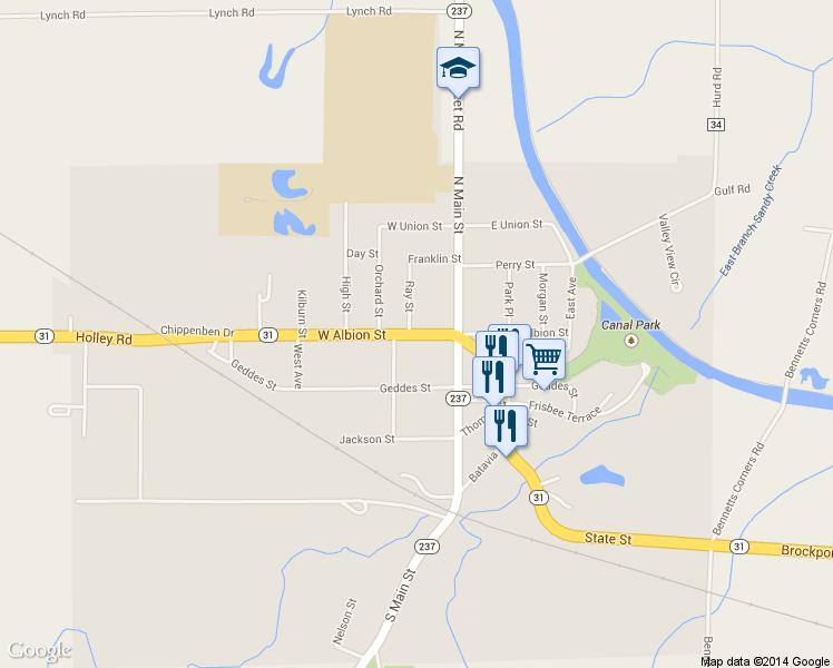 map of restaurants, bars, coffee shops, grocery stores, and more near 7 West Albion Street in Holley