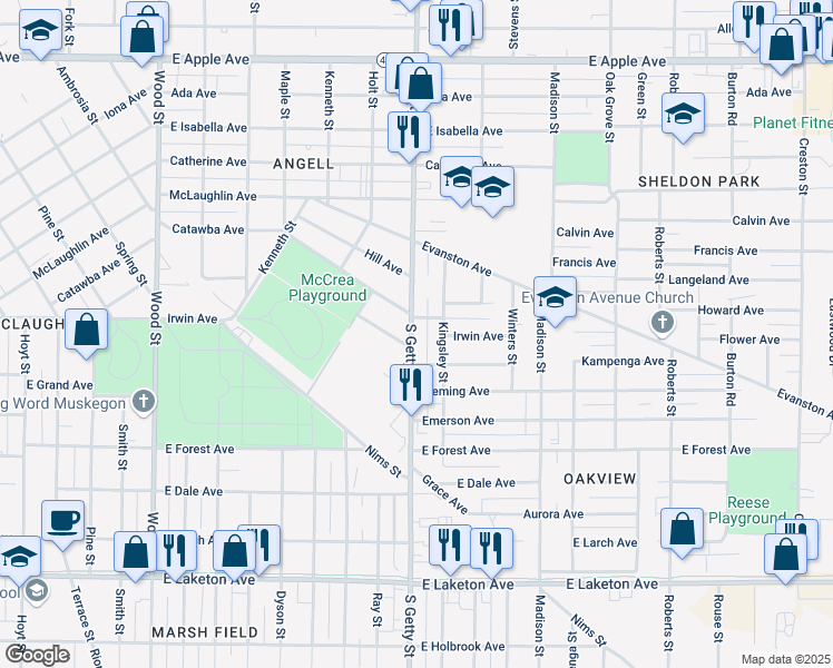 map of restaurants, bars, coffee shops, grocery stores, and more near 1420 South Getty Street in Muskegon