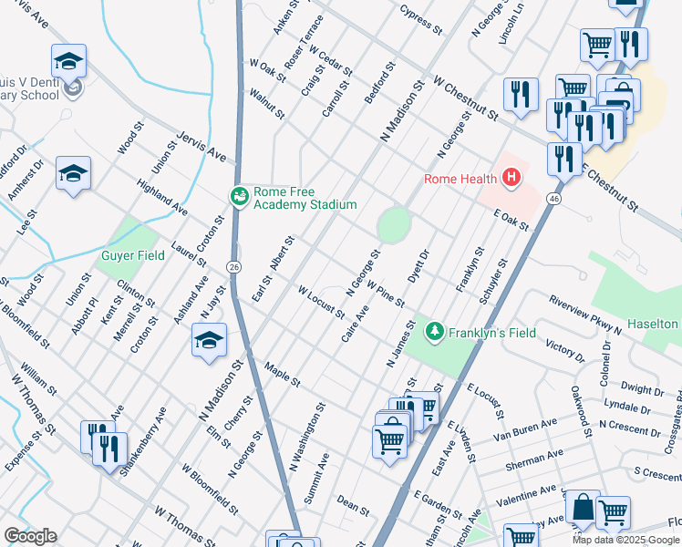 map of restaurants, bars, coffee shops, grocery stores, and more near 201 West Pine Street in Rome