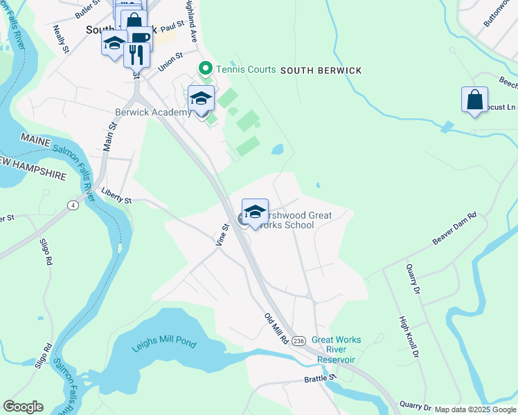 map of restaurants, bars, coffee shops, grocery stores, and more near 37 Academy Street in South Berwick