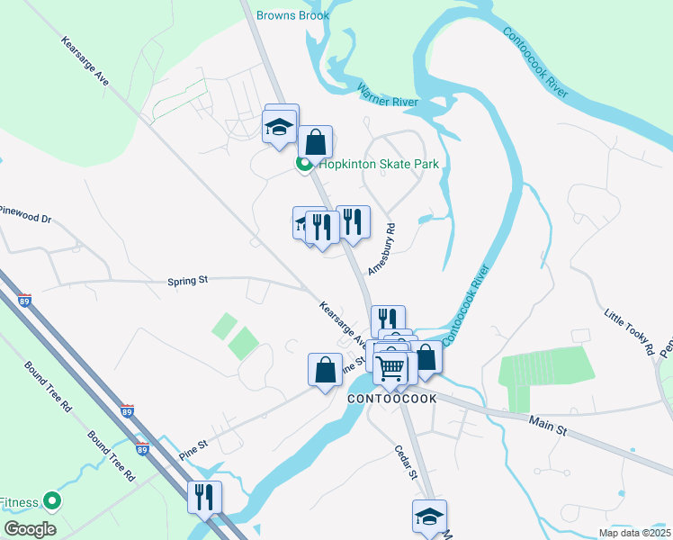 map of restaurants, bars, coffee shops, grocery stores, and more near 100 Park Lane in Hopkinton