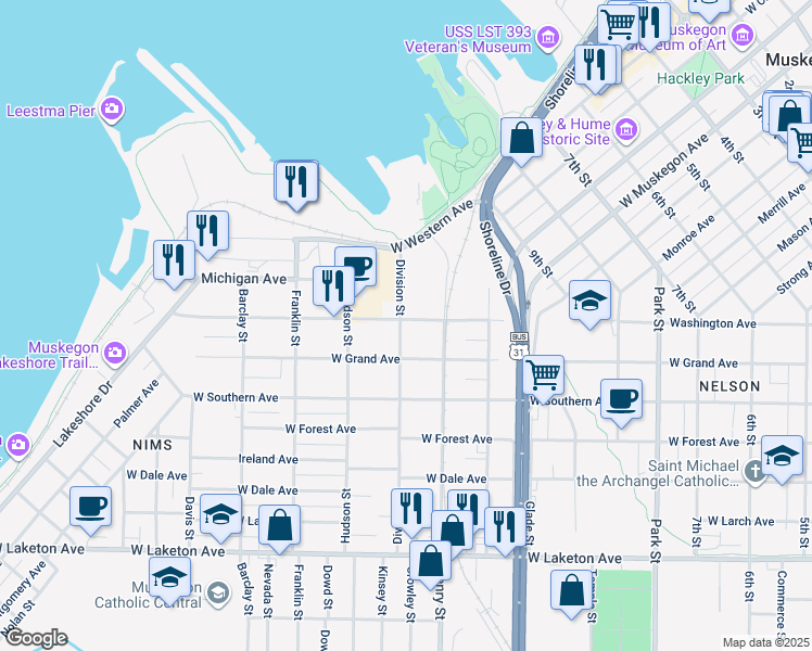 map of restaurants, bars, coffee shops, grocery stores, and more near 824 Washington Avenue in Muskegon