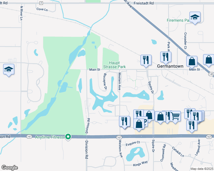 map of restaurants, bars, coffee shops, grocery stores, and more near W169N11502 Biscayne Drive in Germantown